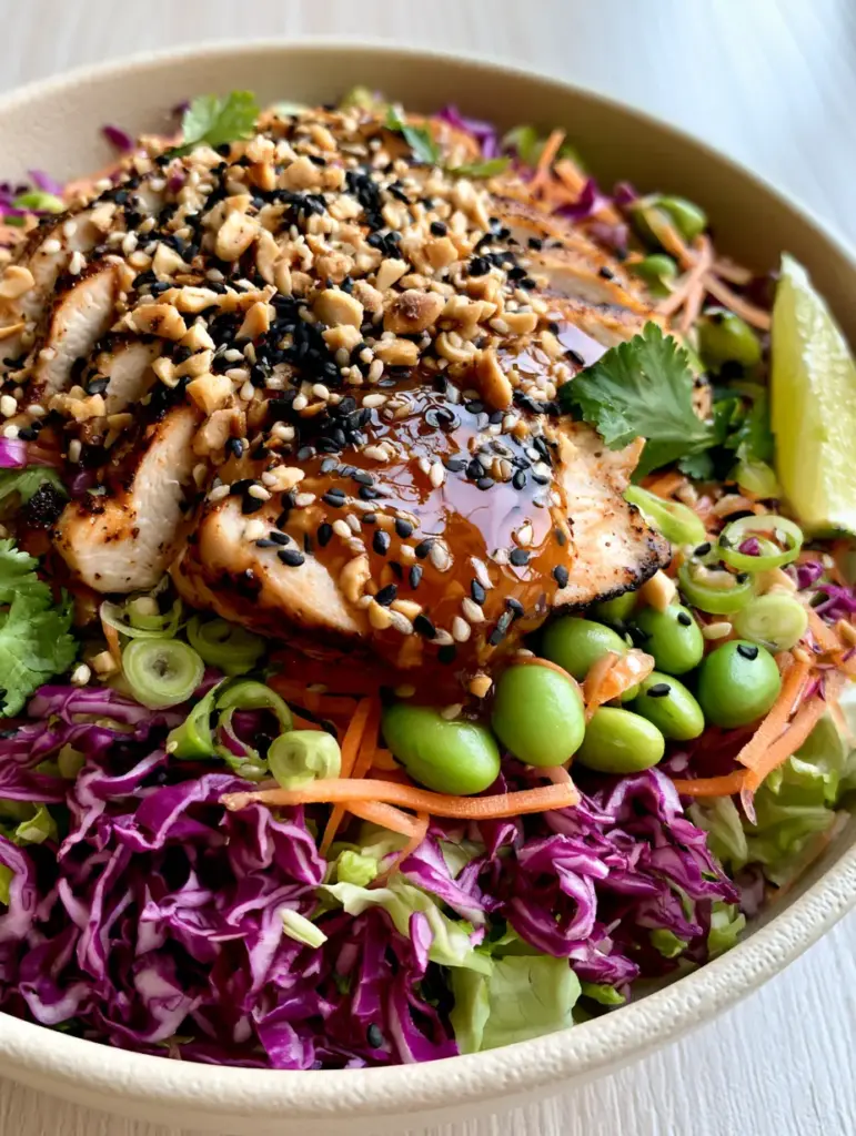 A top-down view of the Asian Vegetable Salad drizzled with amber sesame ginger dressing.