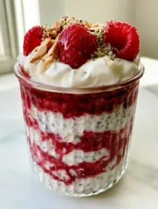 Close up photo of thick, creamy raspberry jam overnight oats in a ribbed glass jar with crimson swirls. (raspberry jam overnight oats)