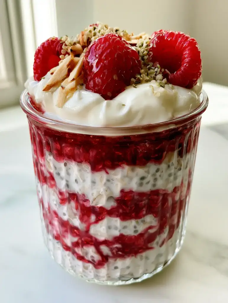 Raspberry Jam Overnight Oats: The Ultimate Creamy Breakfast Prep 2 Close up photo of thick, creamy raspberry jam overnight oats in a ribbed glass jar with crimson swirls. (raspberry jam overnight oats)