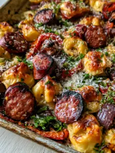 Overhead view of roasted cheese tortellini and seared kielbasa coins with charred red bell peppers. (Sheet Pan Kielbasa and Tortellini)