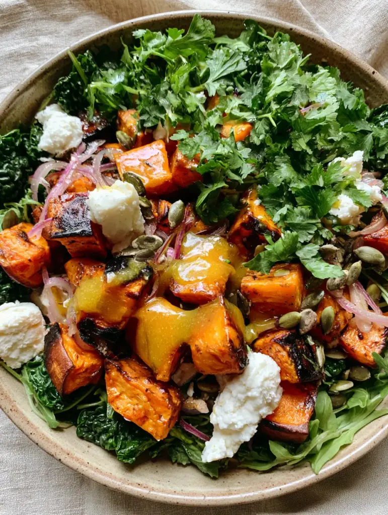 Sweet Potato Salad with Roasted Kale and Golden Vinaigrette 1 Side view of a stoneware bowl overflowing with Sweet Potato Salad, feta cheese, and toasted pepitas.