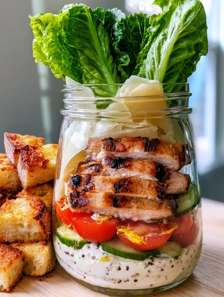 Chicken Caesar Salad Meal Prep Jars (The Viral Anti-Soggy Method) 1 Visual of the middle layers of the Chicken Caesar Salad jar showing seared chicken with grill marks and shaved parmesan curls.