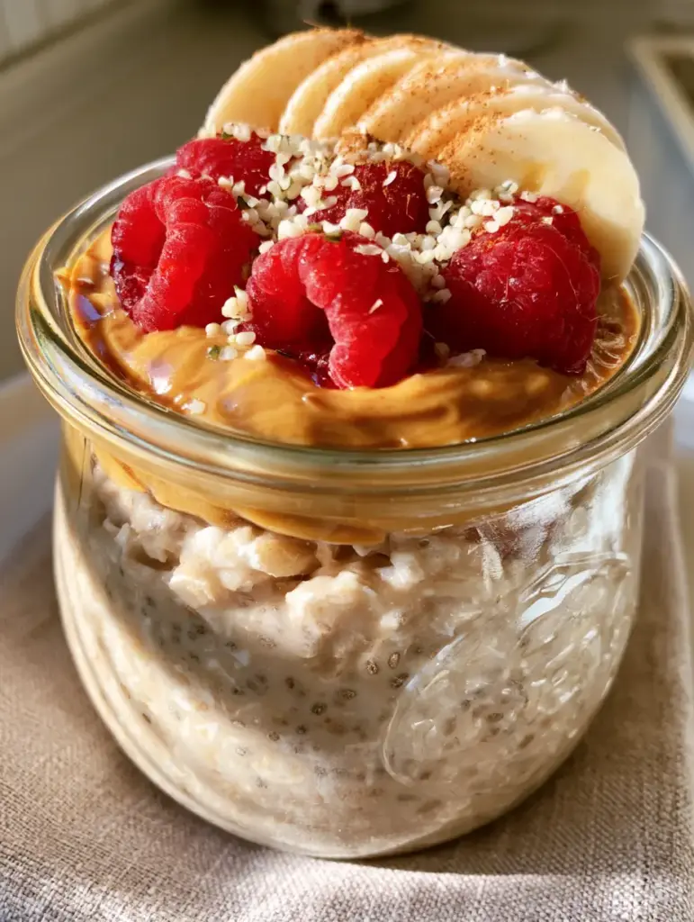 Overnight Oats with Water: The Creamiest Dairy-Free Breakfast Guide 1 Overnight oats with water topped with a banana fan, 5 raspberries, and a dusting of cinnamon on a beige napkin.