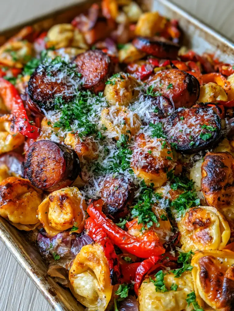 Side view of Sheet Pan Kielbasa and Tortellini showing the toasted pasta and fresh parsley garnish on a wooden table.