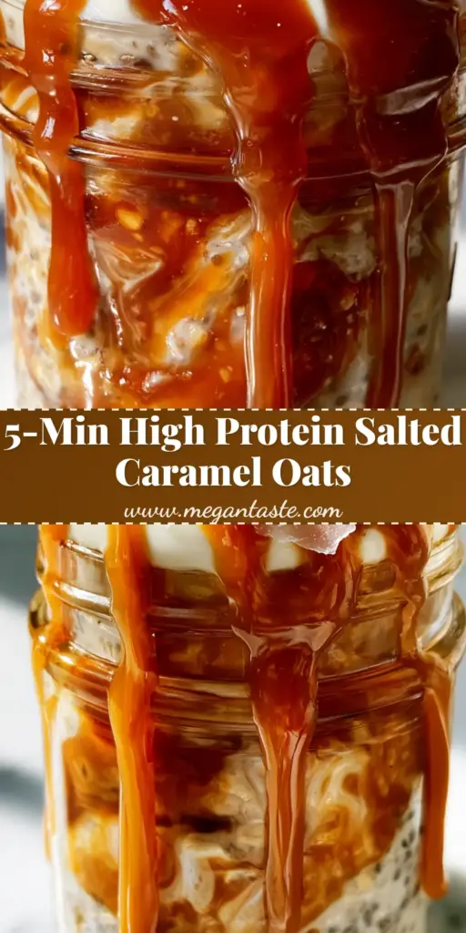 Salted Caramel Overnight Oats: The Ultimate Indulgent Meal Prep 3 A tall glass jar filled with layered salted caramel overnight oats, featuring visible chia seeds, thick caramel drips, a dollop of Greek yogurt, and a sprinkle of pecans and sea salt flakes.