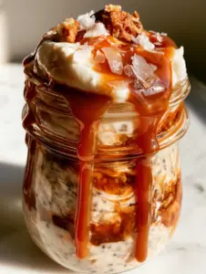 A close-up shot of salted caramel overnight oats showing the creamy texture and dark amber caramel sauce swirling through the jar.
