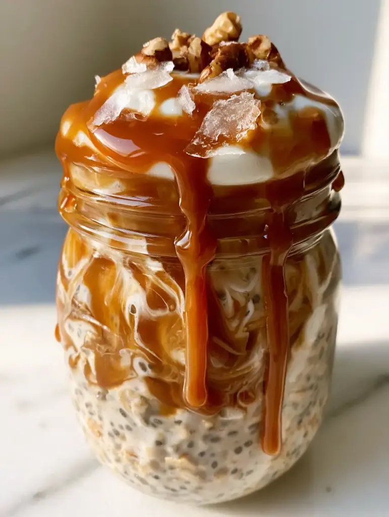 Salted Caramel Overnight Oats: The Ultimate Indulgent Meal Prep 1 Top view of salted caramel overnight oats topped with a dollop of yogurt, crushed pecans, and large Maldon sea salt flakes.