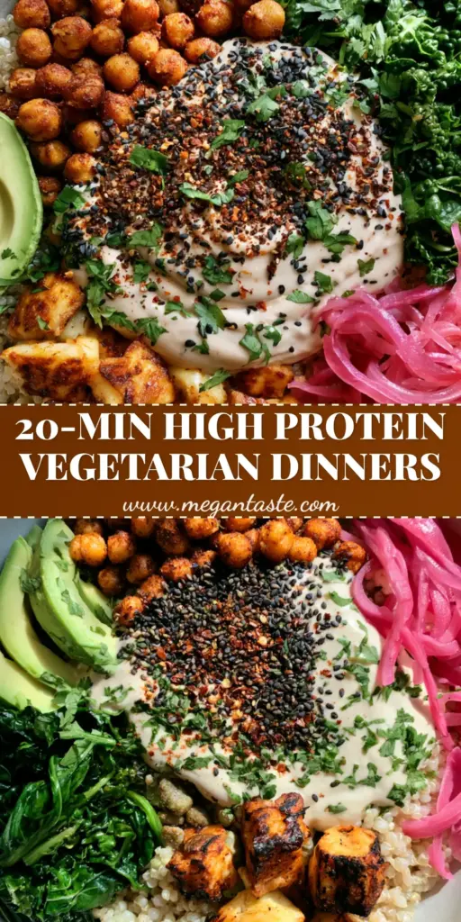 A vibrant high-protein power bowl with crispy chickpeas, charred halloumi, and fluffy quinoa drizzled with tahini sauce. (vegetarian dinner ideas)