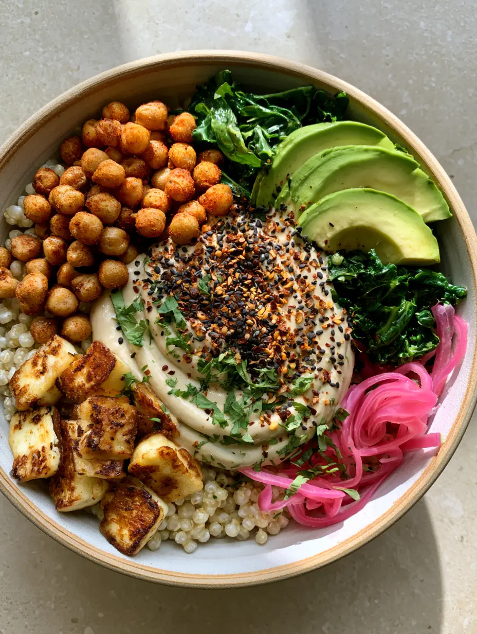 Close up top-down view of a ceramic bowl filled with Mediterranean vegetarian dinner ingredients like halloumi and kale. (vegetarian dinner ideas)