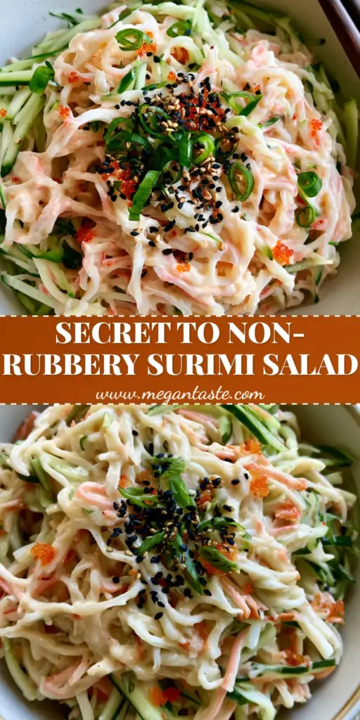 surimi salad: The Ultimate Creamy Japanese Kani Salad Recipe 3 An overhead shot of a Japanese ceramic bowl filled with finely shredded kani surimi salad topped with orange tobiko and green scallions.