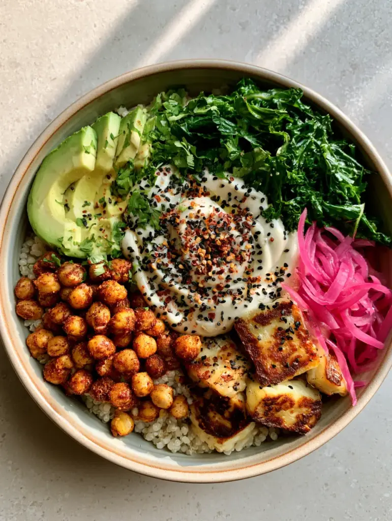 A realistic photo of a finished vegetarian dinner bowl featuring avocado slices and crispy chickpeas.