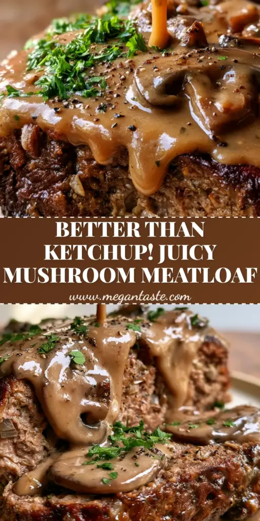 Meatloaf with Mushroom Gravy: The Ultimate Umami Comfort Food 3 A thick juicy slice of meatloaf with mushroom gravy being poured over it on a rustic plate.