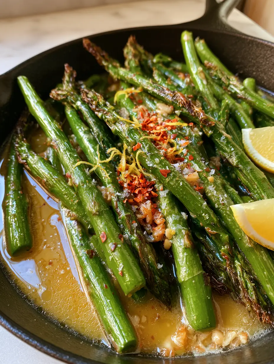 sautéed asparagus with garlic and butter: The Ultimate 15-Minute Side Dish 4 Close up of vibrant green sautéed asparagus with garlic and butter, showing charred tips and melted golden butter sauce.