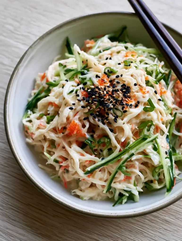 surimi salad: The Ultimate Creamy Japanese Kani Salad Recipe 2 Macro detail of finely shredded surimi salad coated in a glossy pale cream sauce with julienned cucumber.