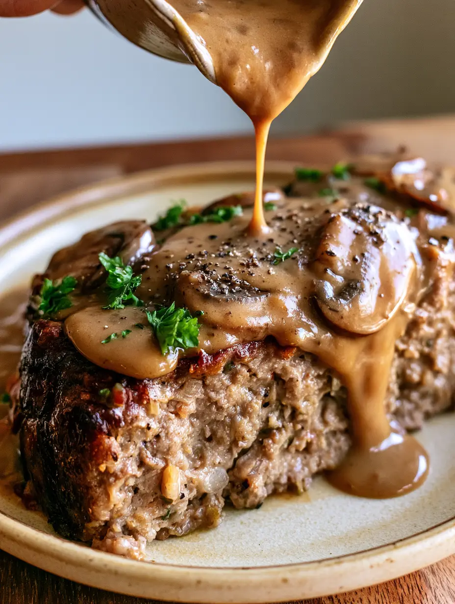 Meatloaf with Mushroom Gravy: The Ultimate Umami Comfort Food 4 A close-up shot of seared meatloaf with mushroom gravy and fresh parsley garnish.