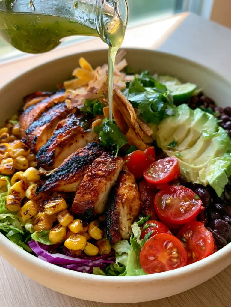 Southwestern Chicken Salad with Zesty Cilantro Lime Vinaigrette 2 Close-up of juicy seared chicken breast slices with dark smoky spice rub on a Southwestern Chicken Salad.