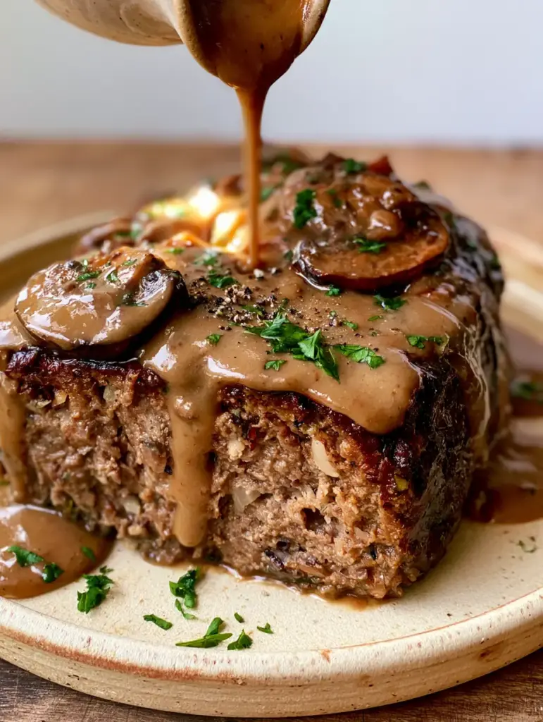 Meatloaf with Mushroom Gravy: The Ultimate Umami Comfort Food 1 A smartphone photo of a meatloaf slice resting on a cream ceramic plate with mushroom gravy.