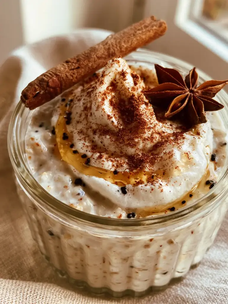 Vanilla Chai Overnight Oats with Frothed Coconut Cream 1 Two jars of vanilla chai overnight oats topped with frothed coconut cream and rustic spices on a beige linen background.