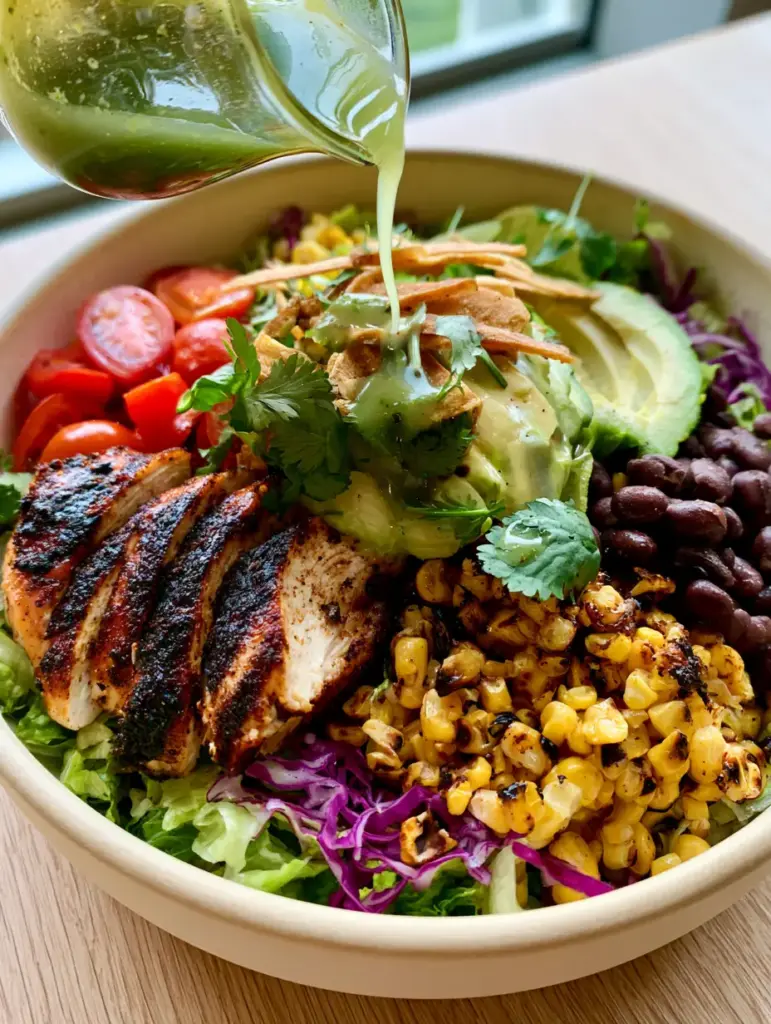 Southwestern Chicken Salad with Zesty Cilantro Lime Vinaigrette 1 Overhead view of a Southwestern Chicken Salad being drizzled with translucent cilantro lime vinaigrette.