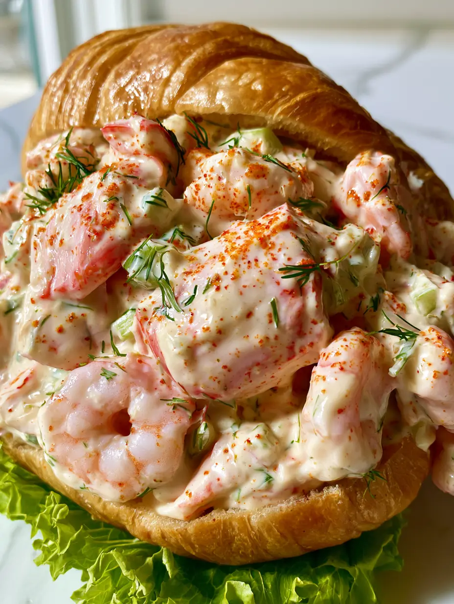 Crab and Shrimp Seafood Salad on Buttery Toasted Croissants 3 Close up shot of creamy seafood salad showing pink shrimp and imitation crab flakes with emerald green dill. (Crab and shrimp seafood salad)
