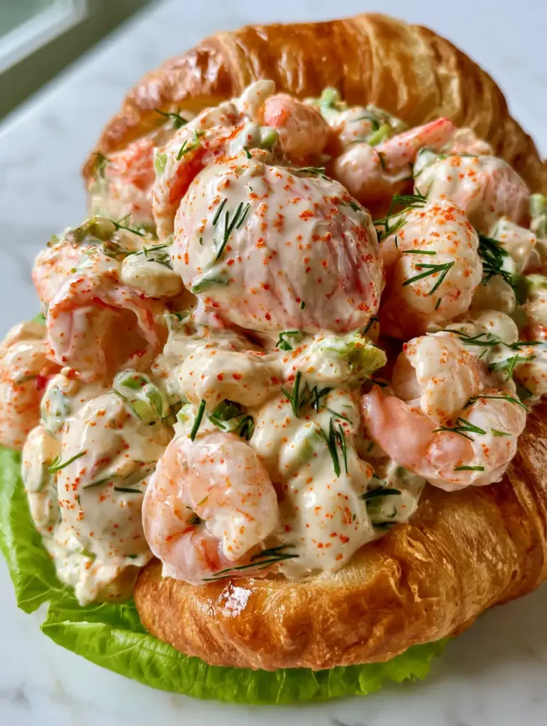 Crab and Shrimp Seafood Salad on Buttery Toasted Croissants 1 A handheld smartphone photo of the Crab and shrimp seafood salad on a marble countertop in natural light.