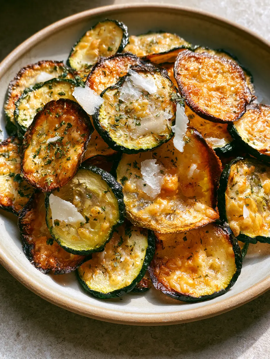 High-angle view of a mountain of thin, rigid oven-baked zucchini chips on a matte ceramic plate with visible sea salt and parsley. (oven-baked zucchini chips)