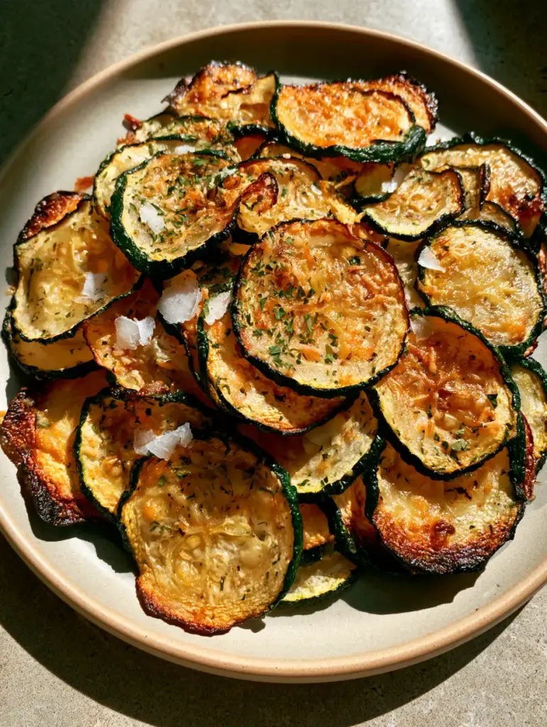 Close-up of golden-brown oven-baked zucchini chips showing charred crispy edges and toasted parmesan crystals.