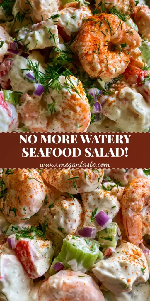 Southern Seafood Salad with Old Bay and Fresh Dill 4 A handheld smartphone photo of thick Southern seafood salad in a rustic white ceramic bowl featuring shrimp, imitation crab, and fresh dill. (Southern seafood salad)