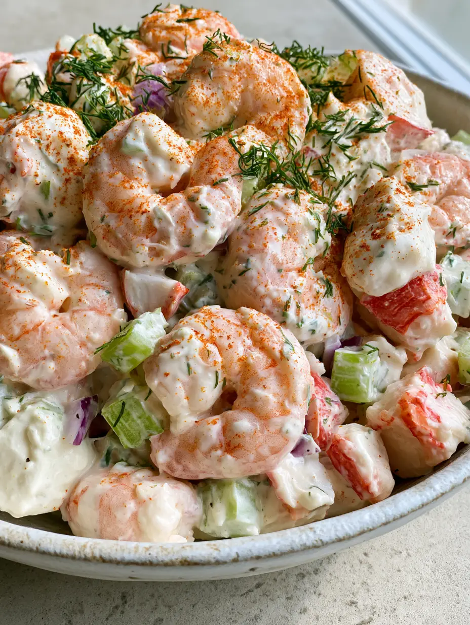Southern Seafood Salad with Old Bay and Fresh Dill 3 Close-up of pink shrimp and chunky imitation crab meat coated in thick white dressing with green celery and red onion. (Southern seafood salad)