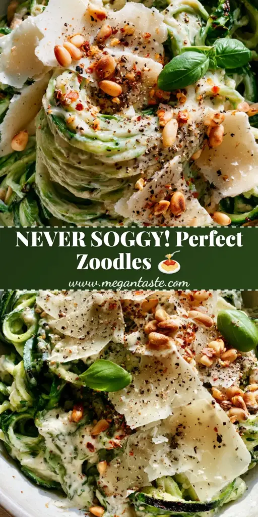 Zucchini Pasta with Silky Garlic Parmesan Cream Sauce 4 A top-down shot of twirled Zucchini pasta in a white bowl with garlic parmesan cream sauce, pine nuts, and basil shards.