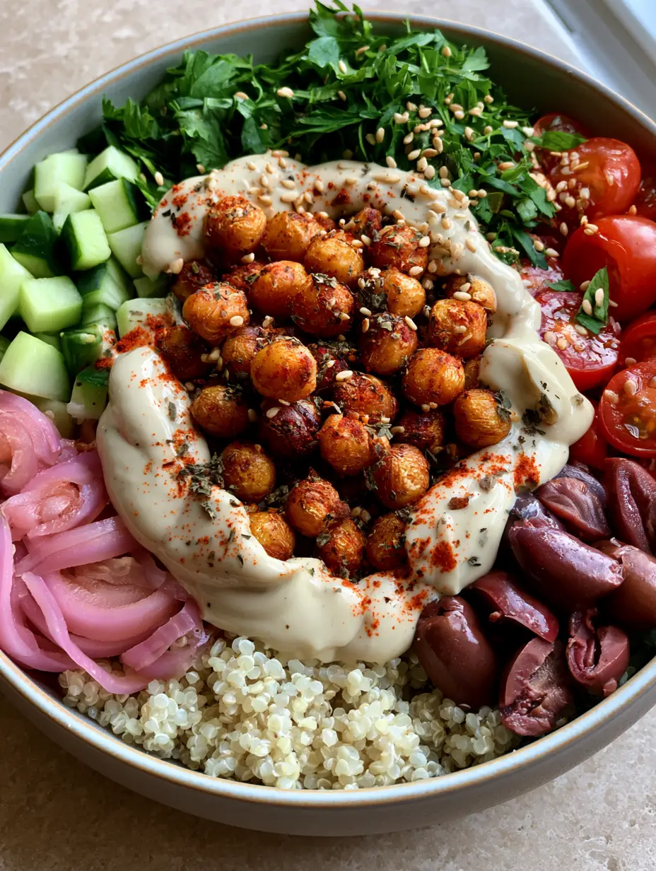 Mediterranean Roasted Chickpea Bowl with Creamy Lemon Tahini 3 Overhead shot of a mediterranean roasted chickpea bowl with blistered chickpeas and fresh cucumbers on a stone countertop.