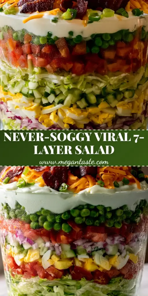 Layered Lettuce Salad: The Ultimate Seven-Layer Showstopper 3 A side-view of a Layered Lettuce Salad in a glass trifle bowl with distinct layers of iceberg lettuce, tomatoes, cucumbers, eggs, peas, creamy dressing, cheddar cheese, and bacon.