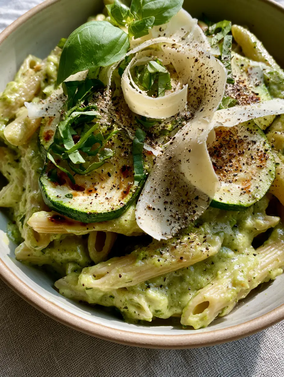 cremige zucchini pasta mit Parmesan und frischem Basilikum 3 Smartphone photo of cremige zucchini pasta showing the glossy green sauce and cracked black pepper garnish.
