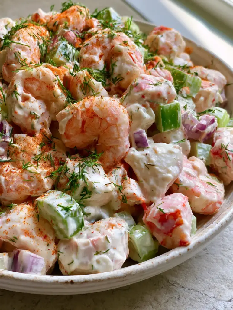 Southern Seafood Salad with Old Bay and Fresh Dill 1 Rustic white ceramic bowl filled with Southern seafood salad dusted with Old Bay seasoning on a stone countertop.