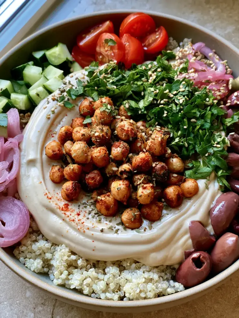 Mediterranean Roasted Chickpea Bowl with Creamy Lemon Tahini 1 Close up of creamy lemon tahini dressing drizzled over a mediterranean roasted chickpea bowl.