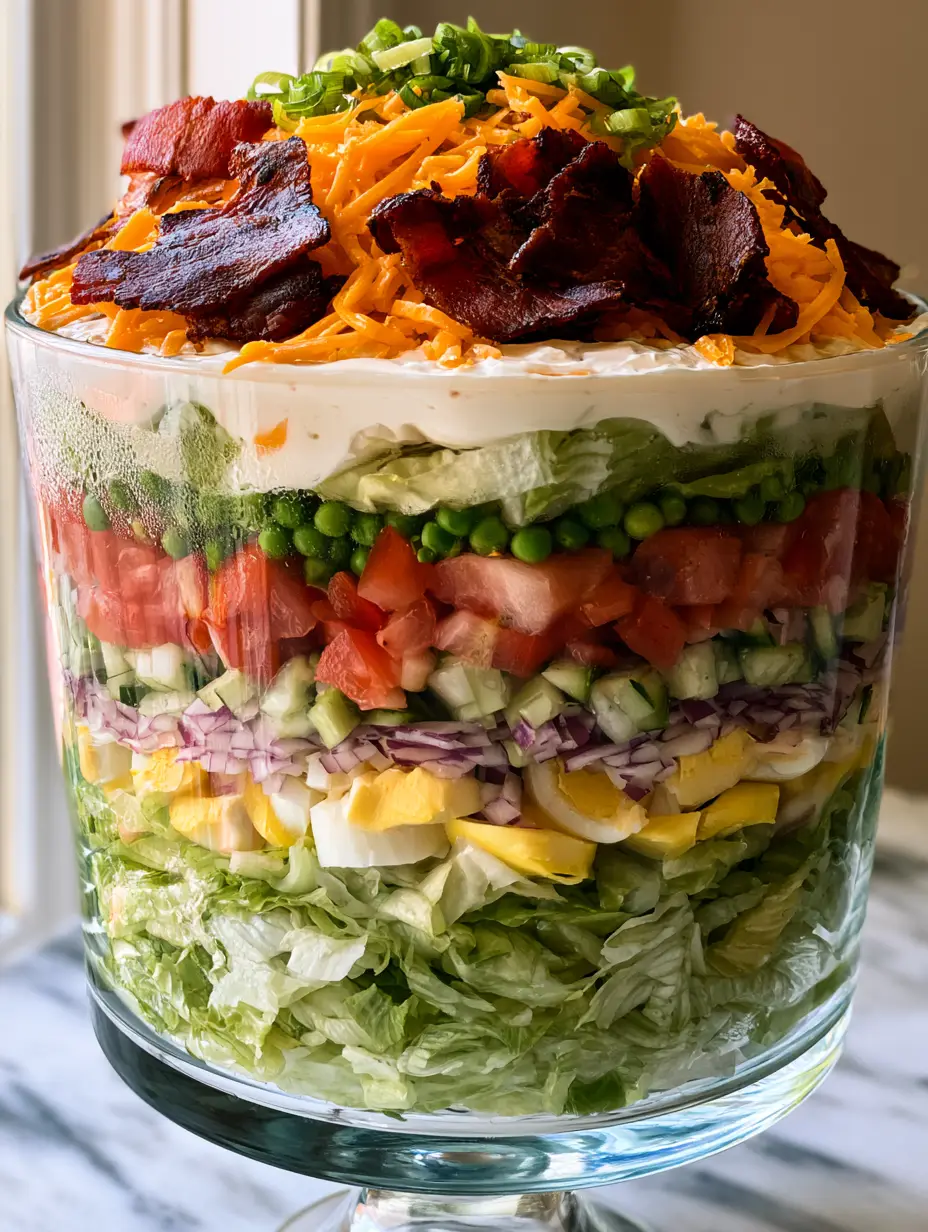 Layered Lettuce Salad: The Ultimate Seven-Layer Showstopper 4 High-angle close-up of Layered Lettuce Salad showing the thick creamy dressing seal and mountain of cheddar and bacon toppings.