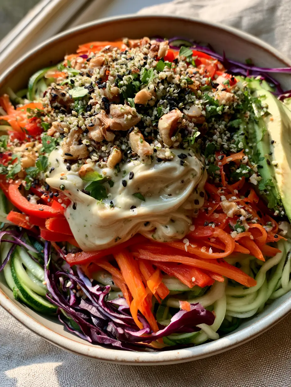 Raw plant-based recipes: The Ultimate Rainbow Zucchini Bowl with Cashew Crema 4 Close up of raw plant-based recipes showing julienned carrots, purple cabbage ribbons, and black sesame seeds. (raw plant-based recipes)