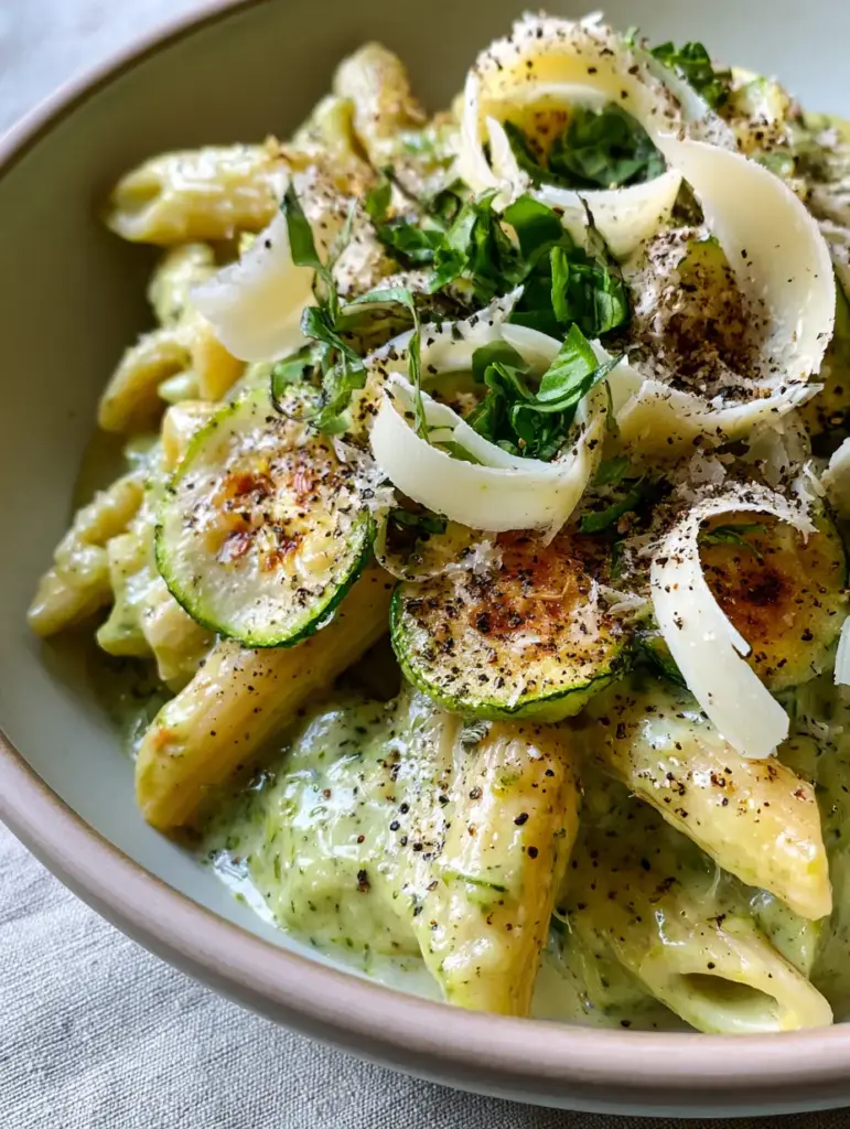 cremige zucchini pasta mit Parmesan und frischem Basilikum 1 Close up of charred zucchini rounds and parmesan curls on top of cremige zucchini pasta.