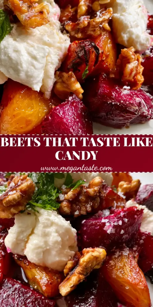 Roasted Beet Salad with Goat Cheese and Balsamic Glaze 3 A tall vertical pin image showing a vibrant Roasted Beet Salad with ruby red beets, goat cheese crumbles, and fresh mint on a ceramic plate.