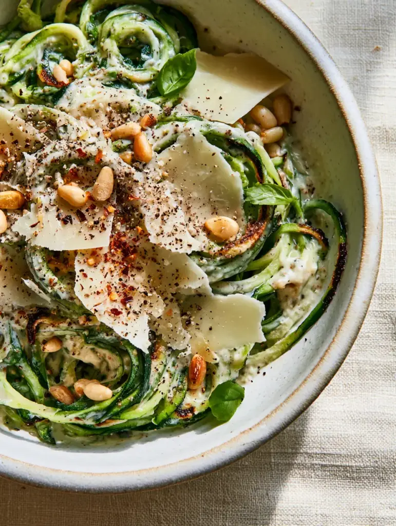 Zucchini Pasta with Silky Garlic Parmesan Cream Sauce 1 Zucchini pasta bowl garnished with shaved parmesan shards, red chili flakes, and toasted pine nuts.
