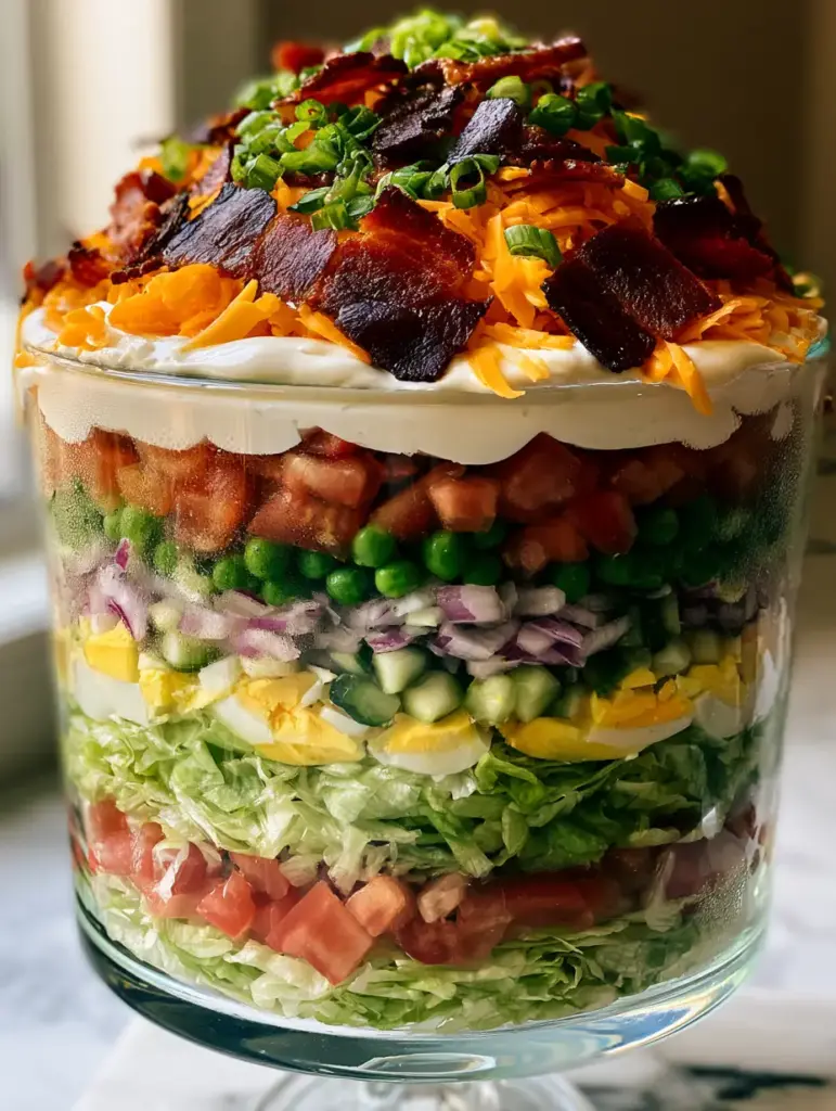 Layered Lettuce Salad: The Ultimate Seven-Layer Showstopper 1 A side-view photo of a classic Seven Layered Lettuce Salad on a marble counter with soft afternoon lighting.