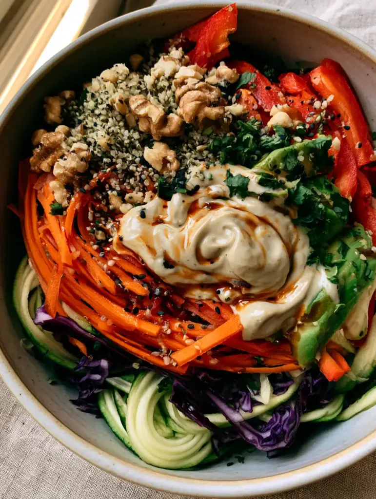 Raw plant-based recipes: The Ultimate Rainbow Zucchini Bowl with Cashew Crema 1 Wide shot of a matte ceramic bowl filled with spiraled zucchini and a thick opaque cashew-lime crema drizzle.