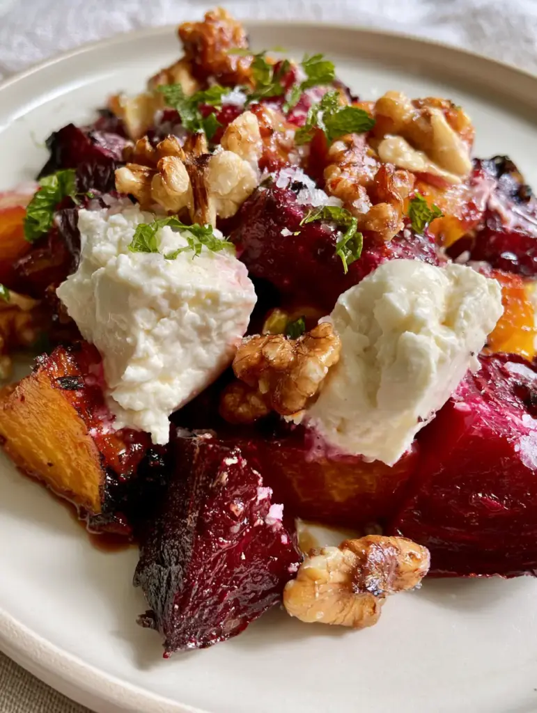 Roasted Beet Salad with Goat Cheese and Balsamic Glaze 2 Macro close-up of vibrant Roasted Beet Salad with charred edges, glistening honey-balsamic glaze, and matte-white goat cheese.