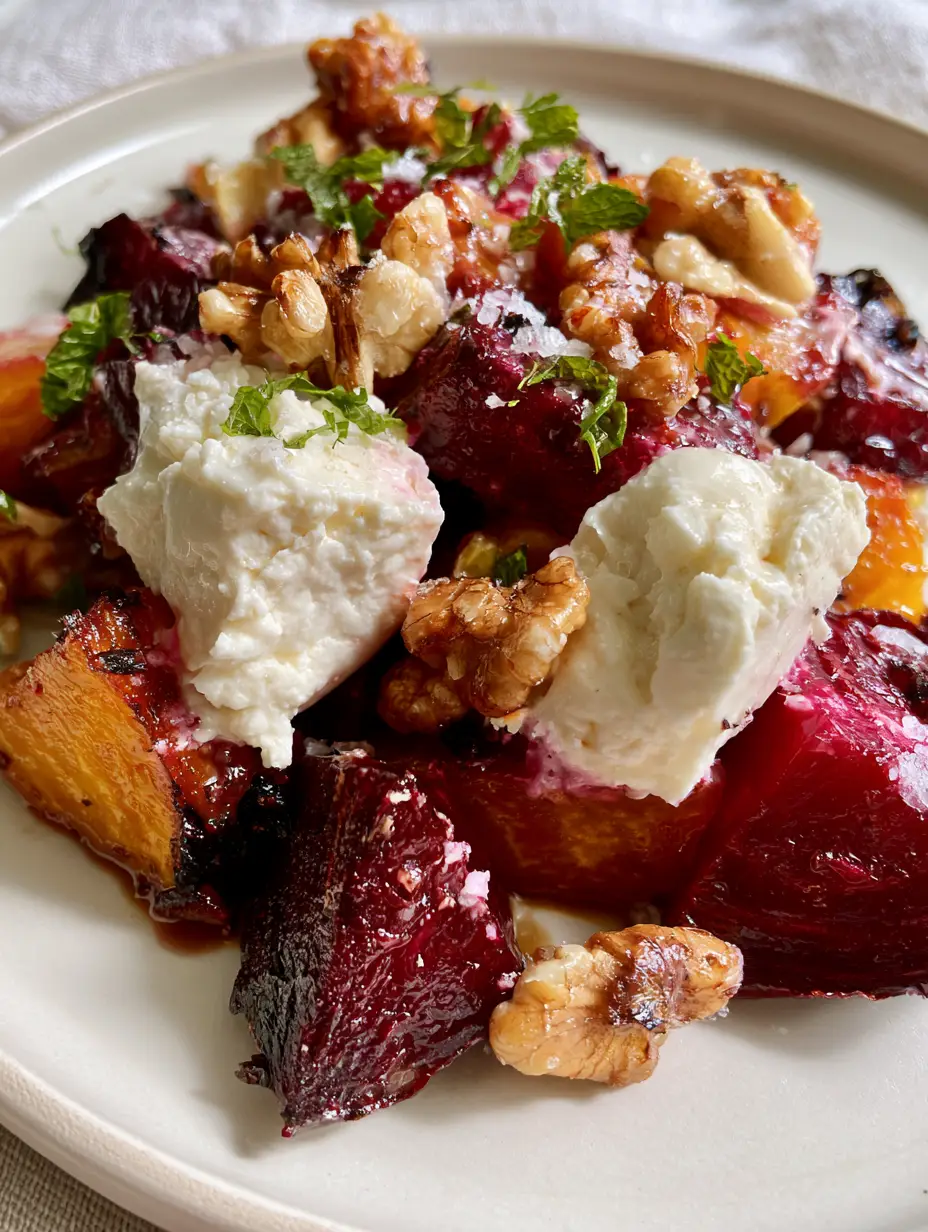 Roasted Beet Salad with Goat Cheese and Balsamic Glaze 4 Macro close-up of vibrant Roasted Beet Salad with charred edges, glistening honey-balsamic glaze, and matte-white goat cheese.