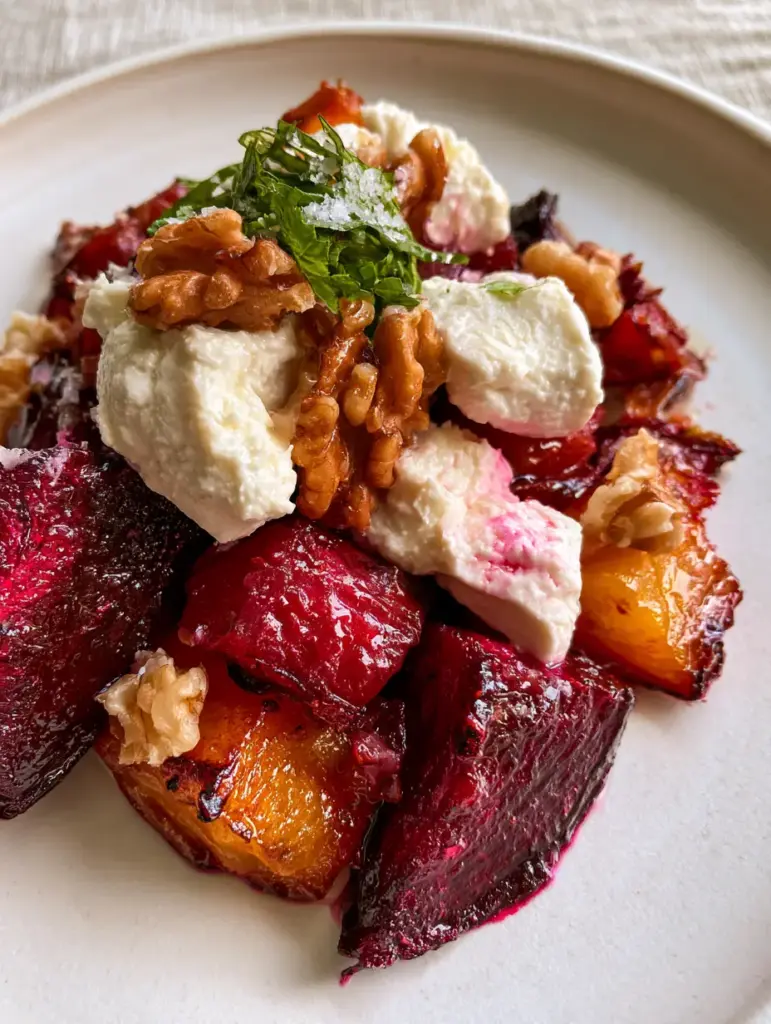 Roasted Beet Salad with Goat Cheese and Balsamic Glaze 1 Roasted Beet Salad chunks layered with toasted walnut halves and fresh mint chiffonade on an artisanal plate.