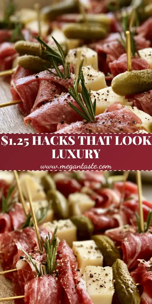 Dollar Store Baby Shower Ideas: Luxury Salami and Cheddar Appetizer Skewers 3 A luxury appetizer board featuring salami ribbons and white cheddar skewers, perfect for Dollar Store Baby Shower Ideas.