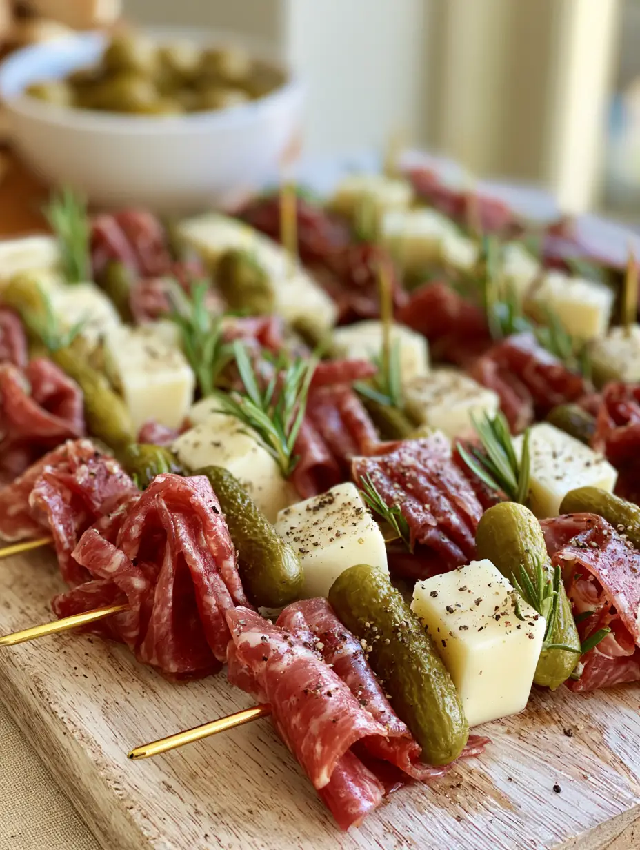 Dollar Store Baby Shower Ideas: Luxury Salami and Cheddar Appetizer Skewers 4 Close up of salami ribbons and white cheddar cubes on gold picks for Dollar Store Baby Shower Ideas.