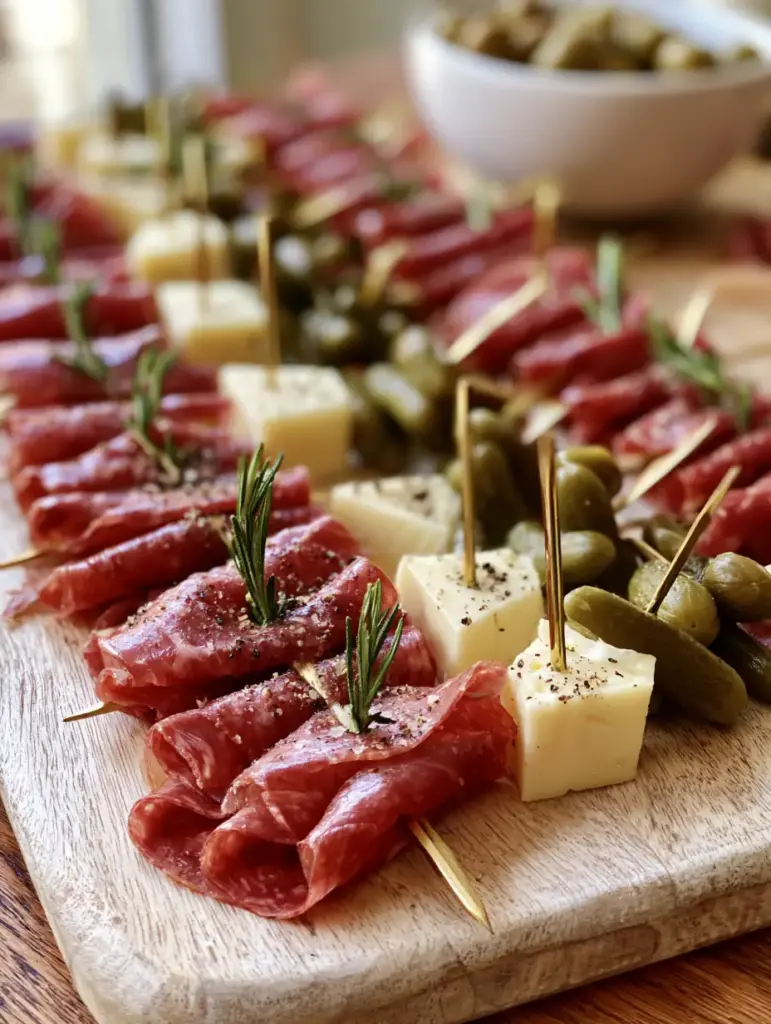 Dollar Store Baby Shower Ideas: Luxury Salami and Cheddar Appetizer Skewers 1 High angle shot of organized rows of skewers on a wooden board, showcasing Dollar Store Baby Shower Ideas.