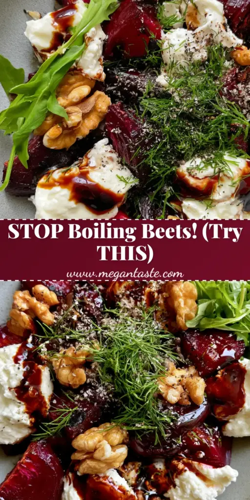 Beetroot Salad with Roasted Balsamic Glaze and Feta 3 A close-up vertical shot of a Beetroot Salad featuring roasted crimson beet chunks, large white feta crumbles, and toasted walnuts, perfect for Pinterest.