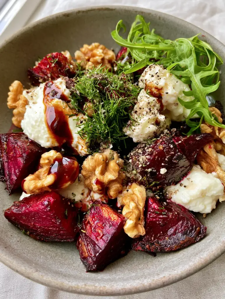 Beetroot Salad with Roasted Balsamic Glaze and Feta 2 Top-down view of a Beetroot Salad in a matte gray ceramic bowl with charred edges on roasted beets and fresh arugula.